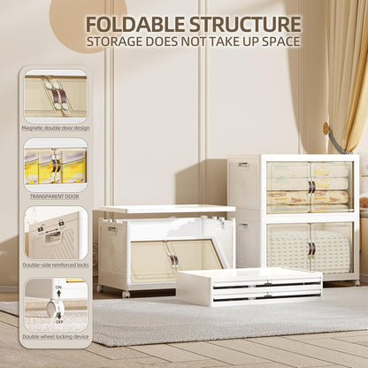 208 QT / 52 Gal Large Foldable Stackable Plastic Storage Cabinet with Double Magnetic Doors, Leather Handles & 4 Wheels - Organize Home, Office, Closet