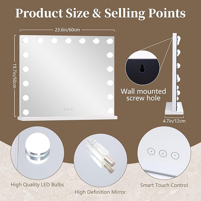 Vanity Mirror with Lights, Makeup Mirror with 17 Dimmable LED Bulbs, 3 Color