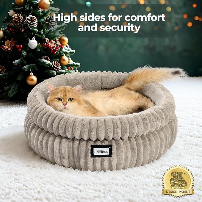 BALANCE Cat Bed Kitten Bed, Washable Round Cat Beds for Indoor Cats,Super Soft Plush Faux Fur Pet Bed for Puppy and Kitten with Anti-Slip Bottom