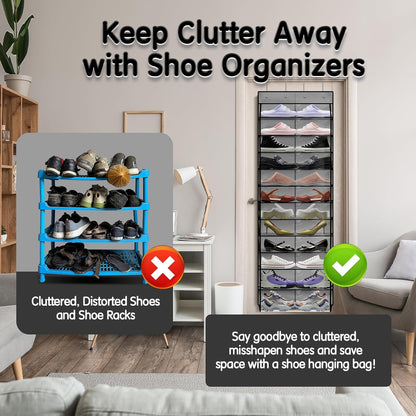 Over The Door Shoe Organizer with 12 Large Breathable Pockets - Sturdy Hanging Storage for Shoes of All Ages - Gray