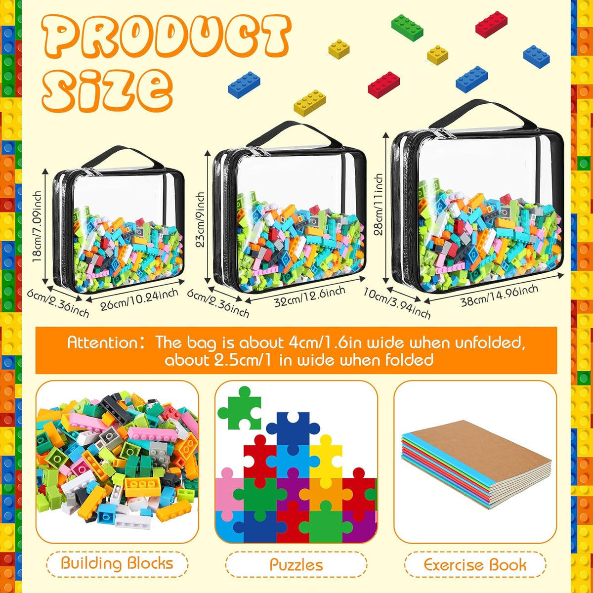 Sanwuta 6 Packs Toy Storage Bags, PVC Organizing Case Bags with Zipper, Waterproof Toy Container for Board Games, Building Blocks, Puzzles, Small Toys and Kids Books(X-Large, Large, Small,Black)