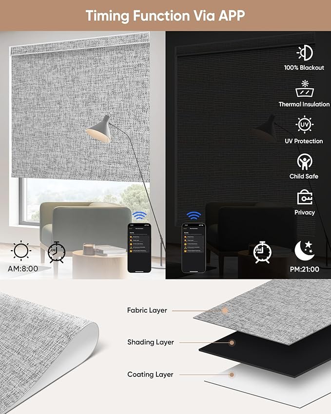 Kincmo Motorized Blinds with Remote, 100% Blackout Motorized Roller Shades Work
