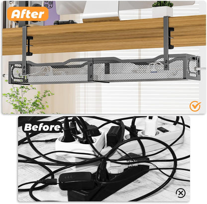 Under Desk Cable Management Tray, No Drill Steel Desk Cable Organizers, Wire Management Tray Cable Management Rack (24.4" Length-Black)