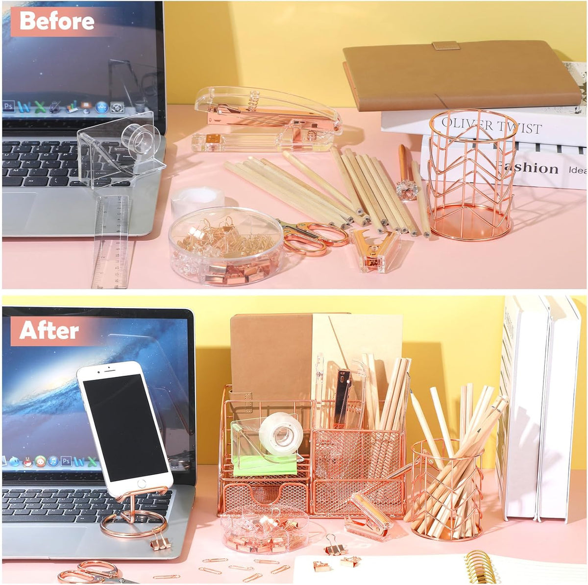 Rose Gold Office Supplies and Accessories, Rose Gold Mesh Desk Organizers with Tape Holder, Tape, Stapler, Staple Remover, 1000pcs Staples, Pen, Pen Holder, Ruler, Phone Holder, Clips, Scissor
