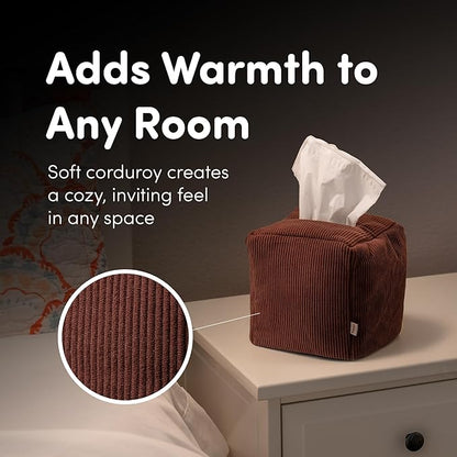 TOGI Corduroy Tissue Box Cover - Soft & Puffy Cube Design Adds a Warm, Cozy Touch - Soft Tissue Box Cover Square Fits Standard Square Boxes from Everyday Brands - Cozy Home & Office Decor - (Brown)