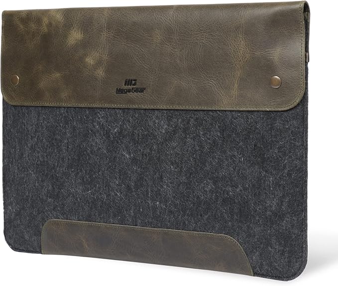 MegaGear Genuine Leather and Fleece MacBook Bag Laptop Sleeve for MacBook Pro and MacBook Air Case 14 Inch - 13 Inch (M4, M3, M2, M2, M1, Pro, Max) 13.3 Inch, iPad Pro 12.9 Inch - 2020 to 2024 Models