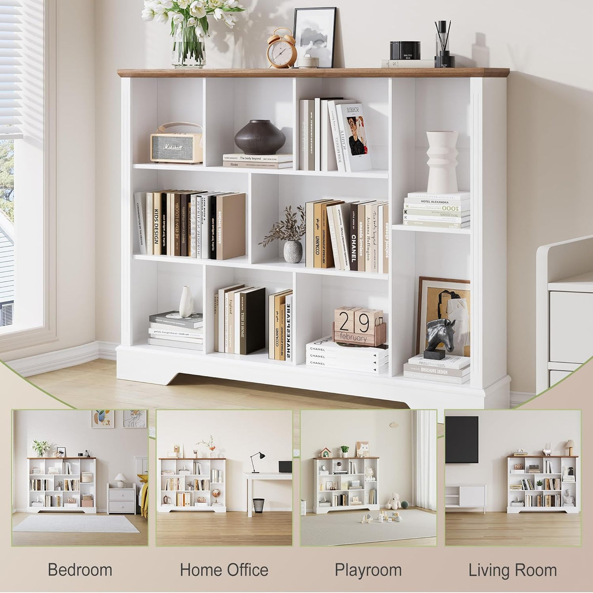10 Cube Storage Bookcase, Modern 3-Tier Wooden Storage Organizer Open Bookshelf with Base for Living Room, Bedroom, Home Office