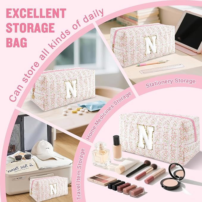 Personalized Quilted Cosmetic Bag, Puffy Monogrammed Christmas Birthday Gifts for Women & Girls, Cute initial Floral Makeup Bag Puffer Coquette Bag, Aesthetic Travel Toiletry Zipper Pouch(Pink,N)