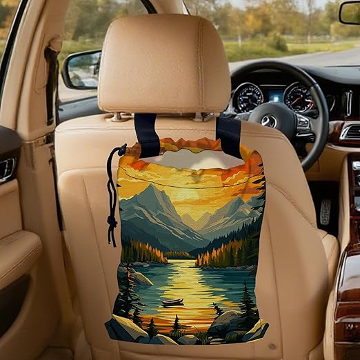 Lake in Mountains Car Garbage Bag, Small Car Trash Bag Hanging,Drawstring Car Garbage Bag with Adjustable Buckle for Car Back Seat,SUVs,Camping,Road Trips