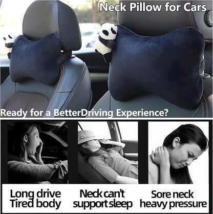 Car Headrest Pillow 2PCS Plush Bear ＆ Bunny Car Seat Headrest Pillow - Memory Foam Neck Support Cushions for Comfortable Driving, Easy Install & Washable (Black)