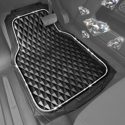 CAR PASS Bling Diamond Rubber Car Mats, Heavy Duty Deep Dish All-Weather Floor Mat Full Set Anti-Slip 3D Rhombus Waterproof Trim Fit Liner Universal Glitter Sparkly Shining Rhinestone, White Diamond