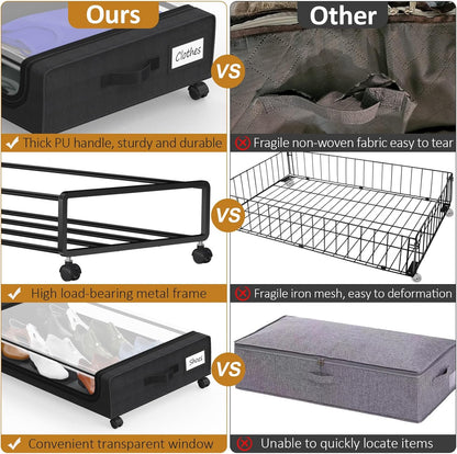 Large Under Bed Storage with Wheels, Under Bed Storage Containers, Under Bed Shoe Storage Organizer, Rolling Underbed Storage Containers for Bedroom Clothes Shoes Blankets, 2 Pack, Black