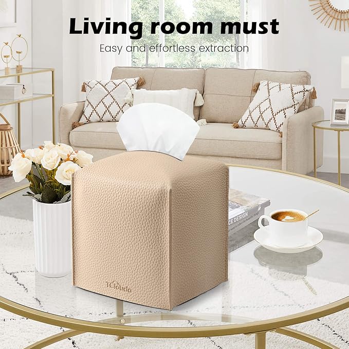 Tissue Box Cover, Tclouda, Modern PU Leather Square Tissue Box Holder for Creative Decorative, Ideal for Bathrooms/Office/Car/Nightstand/Outdoor Tent/Dining Table, 5"X5"X5", Single Beige
