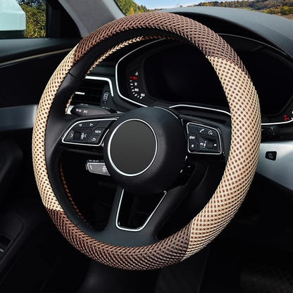 KAFEEK Steering Wheel Cover, Universal 15 inch, Microfiber Breathable Ice Silk, Anti-Slip, Odorless, Beige& Brown