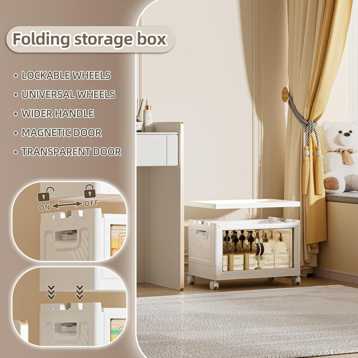 36 QT / 9 Gal Magnetic Double Door Cabinet with Wheels - Foldable Stackable Design, Leather Handles, Water Resistant Organizer for Bathroom, Kitchen