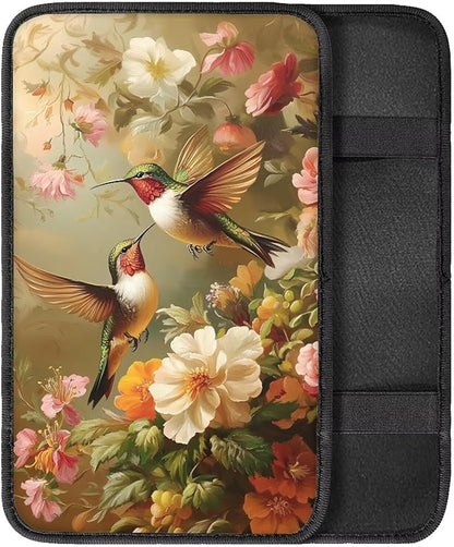 Colorful Flower Hummingbirds Thin Car Armrest Pads Auto Armrest Box Cover Comfortable Middle Storage Organizer Pad Universal Style Car Accessories Decor
