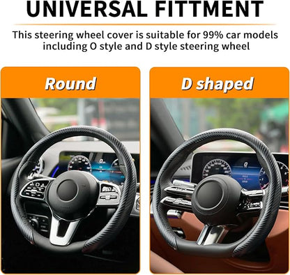 Carbon Fiber Steering Wheel Cover, Universal 15 Inch Snap On Car Steering Wheel Cover for Men/Women, Comfortable & Breathable Microfiber Car Accessories Interior (Black)