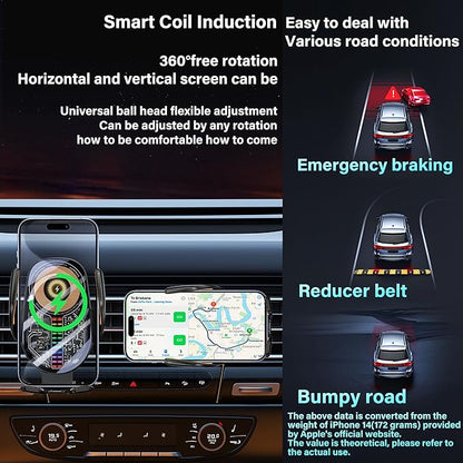15W Car Phone Holder Wireless Charger - Auto Sensing Clamping 3-Axis Adjustable 360° Rotation Fast Charging Phone Holders for Your Car Vent Clip Slim Design with Unisex for iPhone Android Samsung