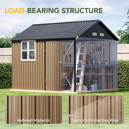 Breezz 8X10FT Outdoor Steel Storage Shed with Clear Window, Lockable Doors, Weather-Resistant Metal Tool Shed for Garden, Backyard, Patio, and Utility Storage.Brown