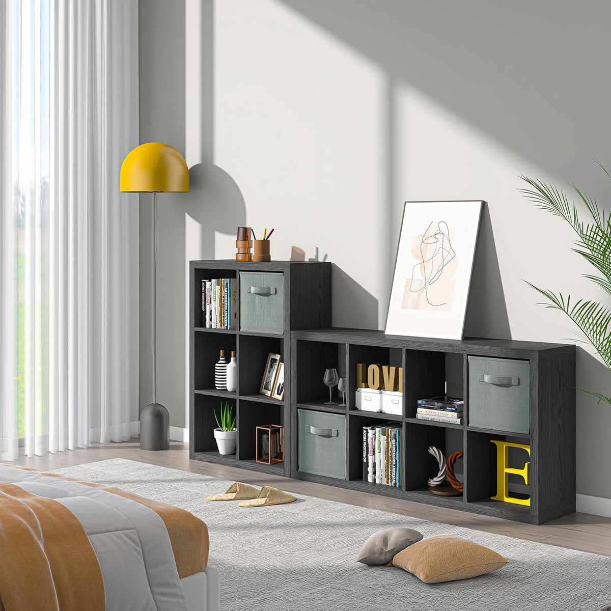 Bookshelf with Storage Bin, 6-Cube Storage Organizer, Modern Wood Open Bookcase, Multifunctional Display Shelf for Living Room, Bedroom, Home Office, Black