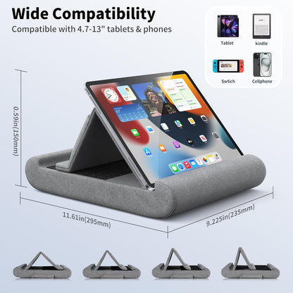CreaDream Tablet Pillow Stand, Foldable Tablet Holder for Lap, Bed and Desk, Soft Pillow Pad with Pocket and Stylus Mount, for 4-13" Tablets, Like iPad Pro 11, 13, Air, Mini, Kindle, Galaxy Tab, Grey