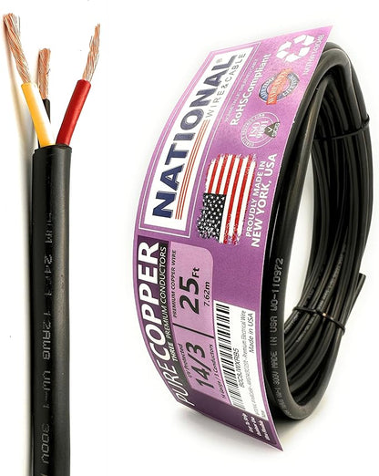 NATIONAL Wire & Cable – 14 AWG 3-Conductor Premium Copper Wire, 25 ft, Stranded
