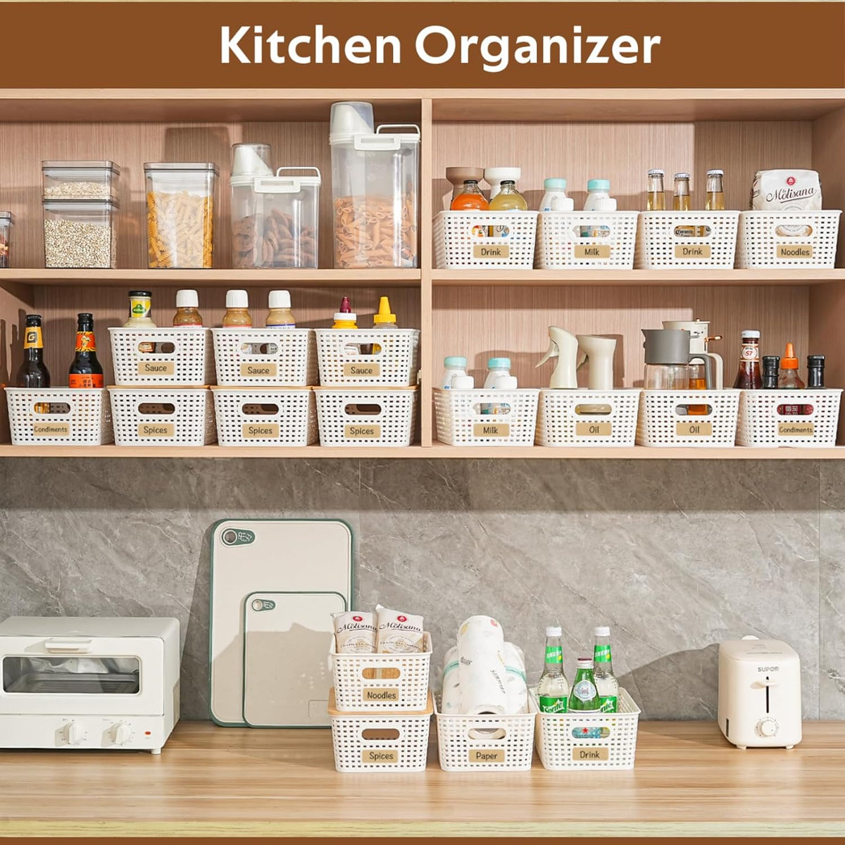 8 Pack Plastic Storage Bins with Bamboo Lids - Stackable Storage Baskets with Handle for Pantry Organizer and Storage, Plastic Containers Bins for Kitchen Bathroom Classroom Office Shelves