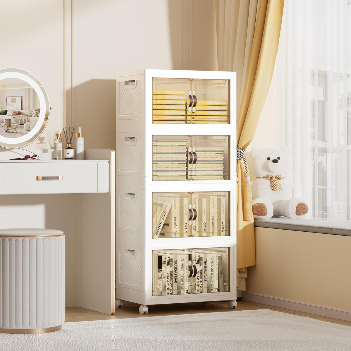 200 QT / 50 Gal Rolling Foldable Storage Cabinet with Stackable Feature - Double Magnetic Doors, Leather Handles, Durable Plastic for Closet/Office, Easy Assembly & Move