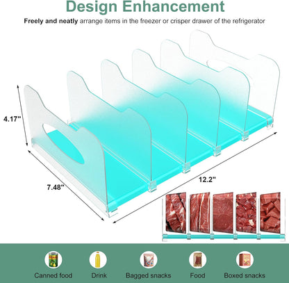 Freezer Organizer 12” Visible Fridge Organizer Rack with Removable Dividers and Handles, Freely Adjustable, Fits Refrigerator Frozen Meals, Lunch Meat Box, Cheeses (Mint Green)