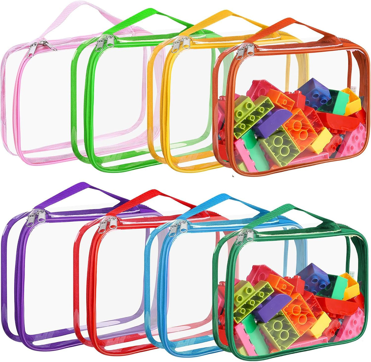 8 Packs Toy Storage Bags with Zipper, Clear PVC Organizing Bags, Reusable Toy Storage Organizer with Portable Handle, Travel Waterproof Organizer Bags for Building Blocks, Puzzle, Toys and Books