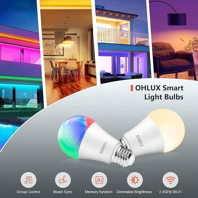 OHLUX Smart Light Bulbs 8Pack, WiFi & Bluetooth, RGB Color Changing, 100W
