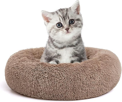 MIXJOY Calming Cat Beds for Indoor Cats, 20'' Kitten Donut Beds for Pet Up to 15lbs, Fluffy Small Cat Cuddler, Anti-Anxiety Plush Faux Fur Large Pet Bed Washable (20'', Brown)