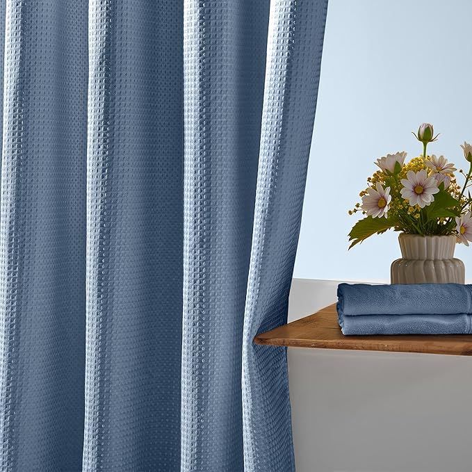 River Dream Blue Shower Curtain No Hooks Required Dotted Waffle Weave Shower Curtain with Snap in Liner - 71W x 74H,Hotel Grade,Spa Like Bath Curtain,Moonlight Blue