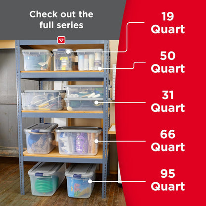 Rubbermaid Roughneck Clear 66 Qt/16.5 Gal Storage Containers, Pack of 4 with Latching Grey Lids, Visible Base, Sturdy and Stackable, Great for Storage and Organization