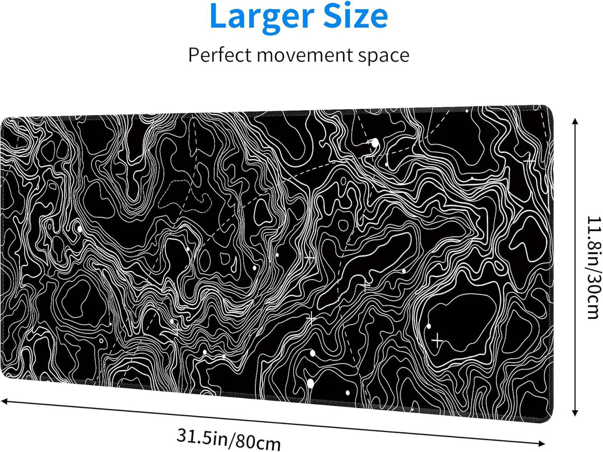 Black with White Topographic Line Large Mouse Pad,Gaming Keyboard Desk Pad,Extended Mouse Mat Non-Slip Rubber Base with Stitched Edges for Office Game Home XL 31.5"x11.8"