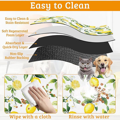 Lemon Feeding Mat,Green Leaves Absorbent Quick-Dry Cat Dog Food and Water Bowl Mats,Non-Slip Rubber Backing Mat,Cat Dog Accessories Supplies 12" x 20"