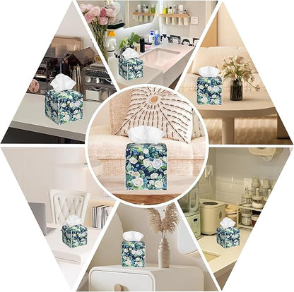 BLYKVGHQ Botanical Leaves Square Tissue Box Cover Watercolor Flowers Tissue Box Holder Facial Cube Paper Dispenser Leather Decorative Organizer Home Office Desk Decor, 5.2"x5.2"x5.2"