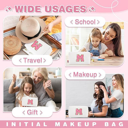 Small Personalized Initial A-Z Patch Makeup Bag,White Cute PU Leather Glitter Letter Cosmetic Bag for Teen Girls,Travel Toiletry Bag with Zipper,Preppy Monogrammed Birthday Gift for Daughter Niece M