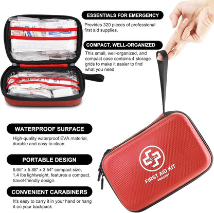 Premium First Aid Kit, 320 Piece Waterproof Hard Shell Eva First Aid Kit for Home, Camping, Cars, Hiking, Travel, Businesses & Outdoor Emergencies - Emergency Medical Kits (Red)