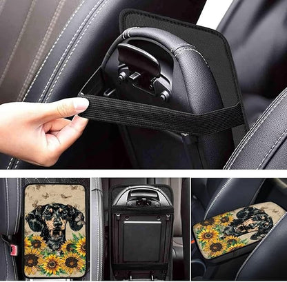Suobstales Dachshund Sunflower Butterfly Print Car Accessories Center Console Cover Replacement, Universal Armrest Cover for Car Center Console for Truck Sedan SUV