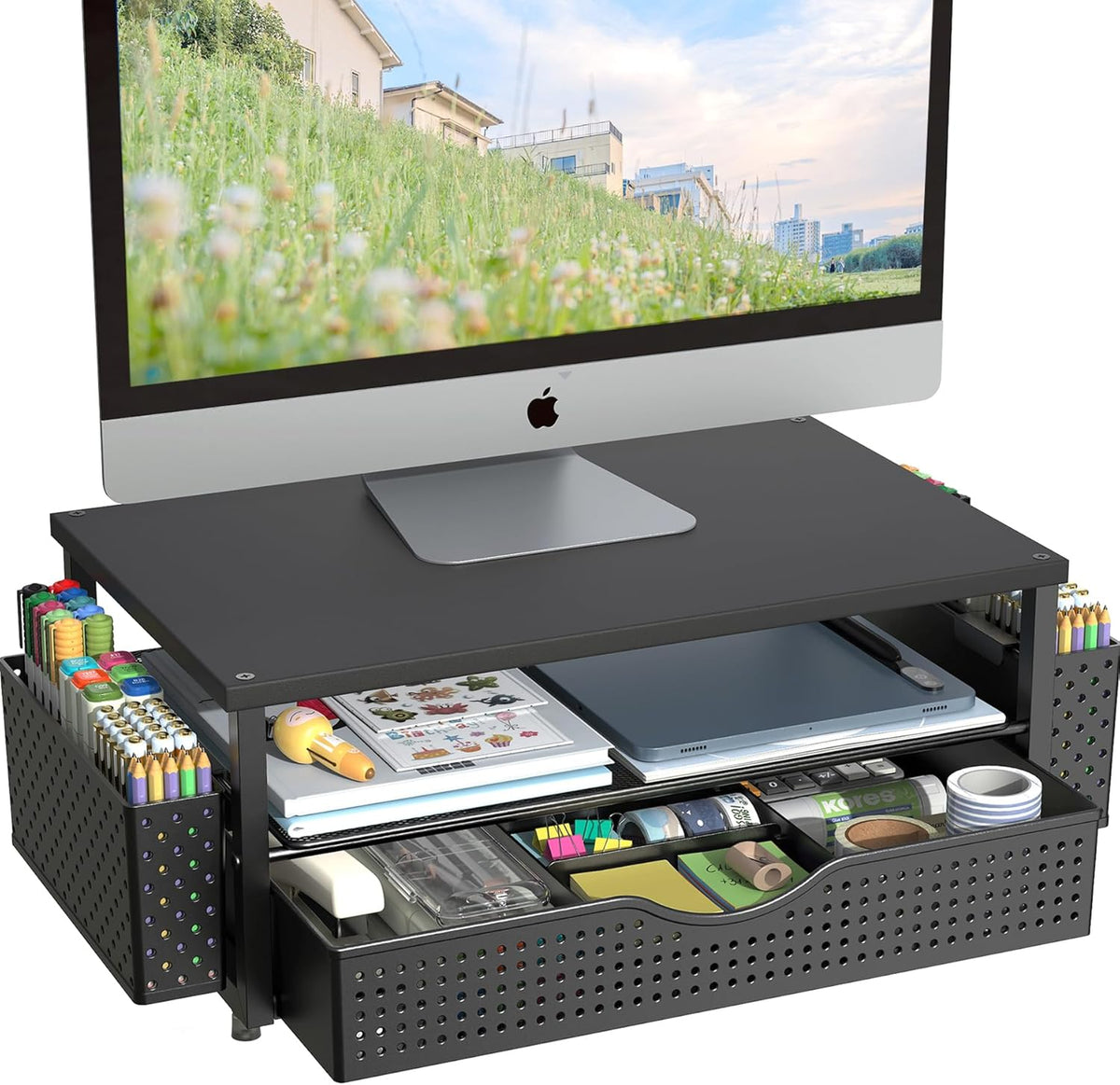 Spacrea Desk Organizer and Accessories, Computer Monitor Stand Riser with Drawer and 2 Pen Holders, Office Desk Accessories & Workspace Organizers for Office Supplies (Black)