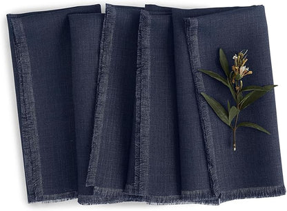 Solino Home Navy Blue Linen Napkins Set of 4-100% Pure Linen Cloth Washable Dinner Napkins 20 x 20 Inch for Winter - Fringe