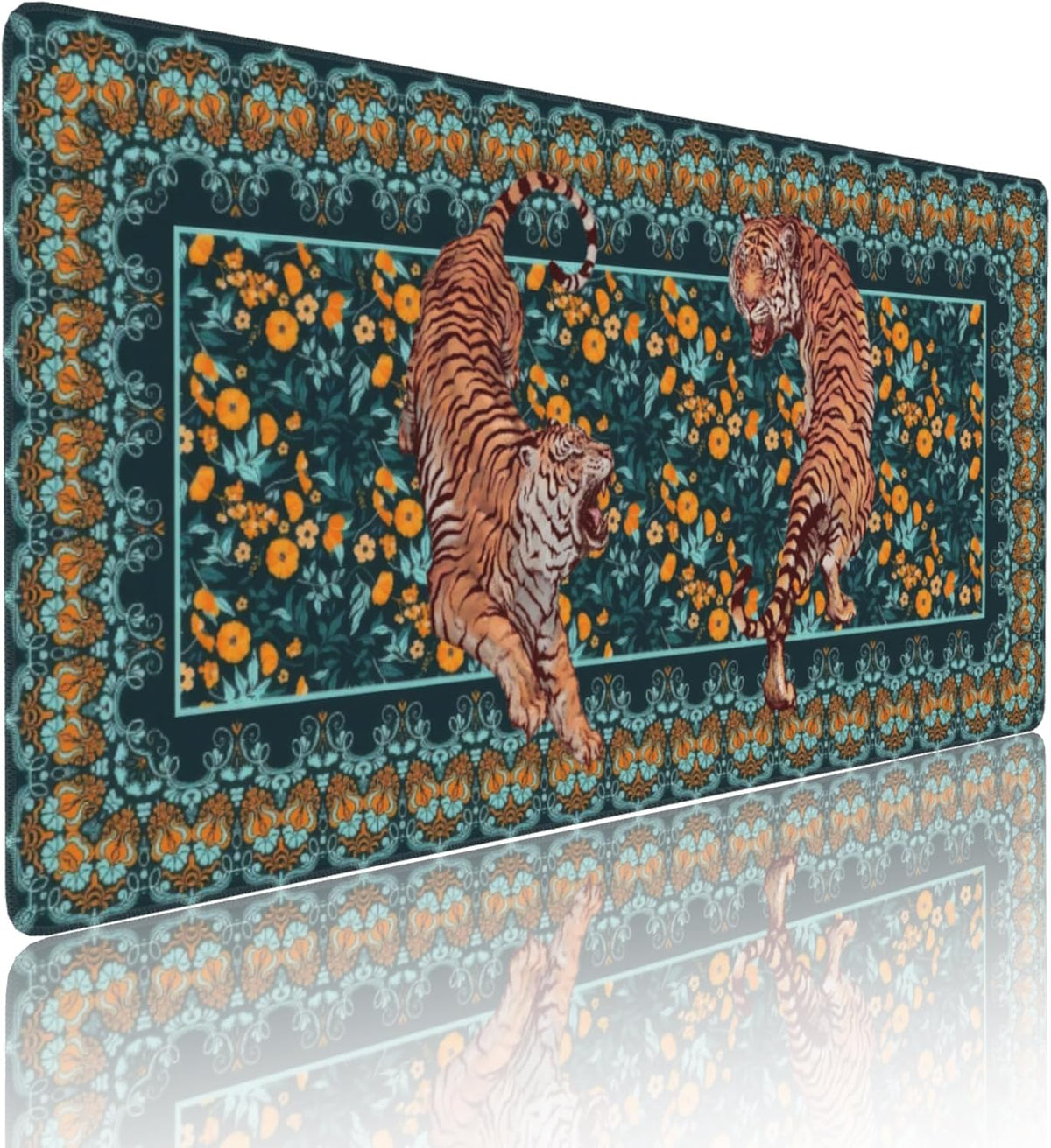 Vintage Floral Tiger Large Mouse Pad, Vintage Aesthetic Gaming Desk Mat, XXL Keyboard Desk Pad Mat for Desktop, 35.4"x15.7" Non-Slip Base Big Mousepad with Stitched Edges