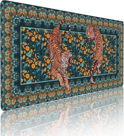 Vintage Floral Tiger Large Mouse Pad, Vintage Aesthetic Gaming Desk Mat, XXL Keyboard Desk Pad Mat for Desktop, 35.4"x15.7" Non-Slip Base Big Mousepad with Stitched Edges