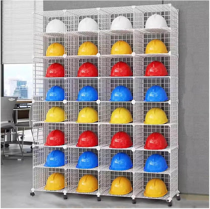 Stackable Safety Helmet Storage Boxes, Large Adjustable Hard Hat Placement Organizer Rack,with Wheels,for Construction Site/Garage/Workshop/Factory Helmet Display Shelf (White, 32 Grids-4 * 8)
