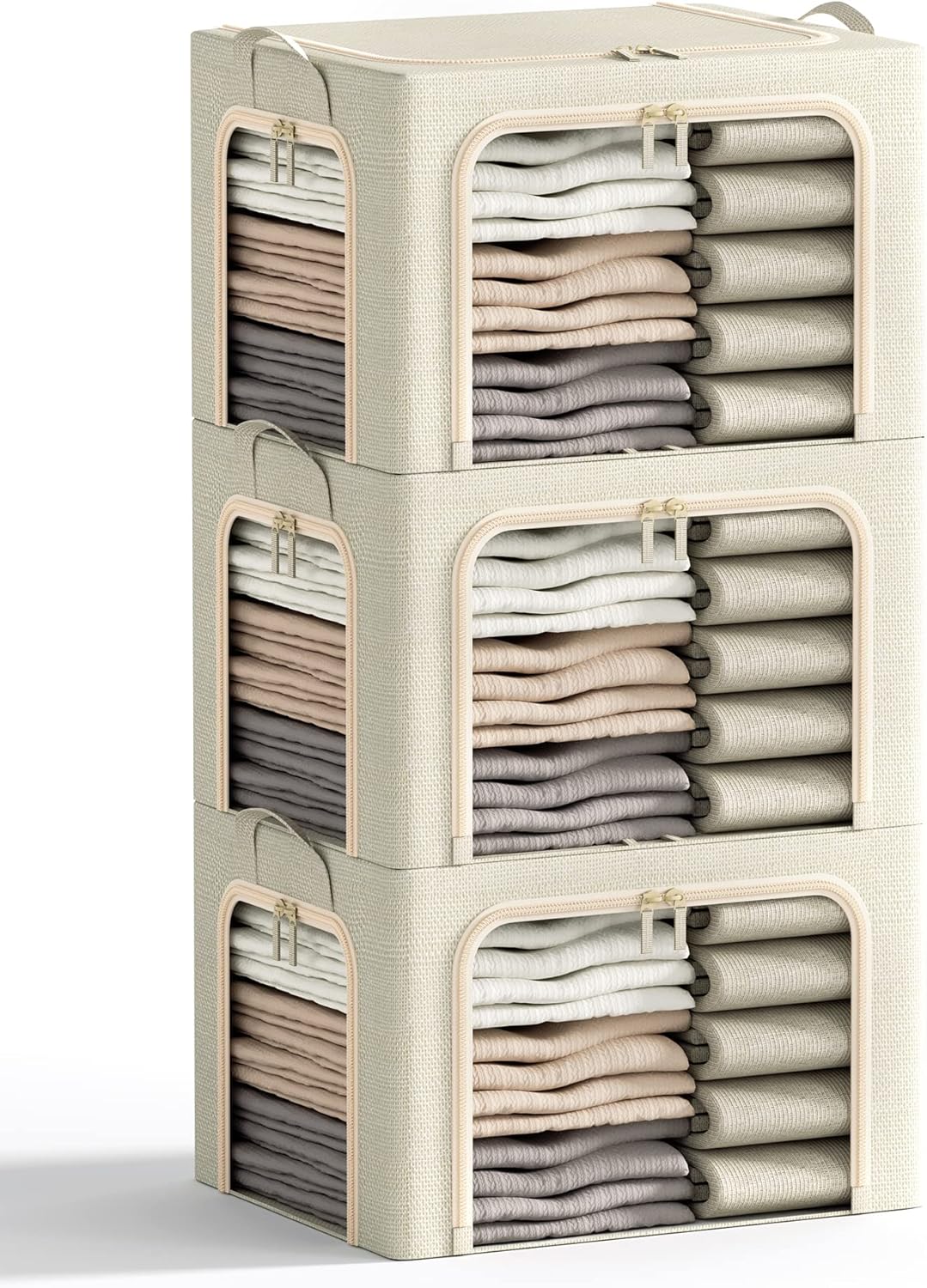 3 Openings Clothes Storage Bins with Metal Frame, Foldable Storage Bin for Clothes, Clothing Storage Bins with Lid, Linen Storage Box With Clear Window＆ Zippers＆ Durable Handles.(3 Pcs,Beige,40L)