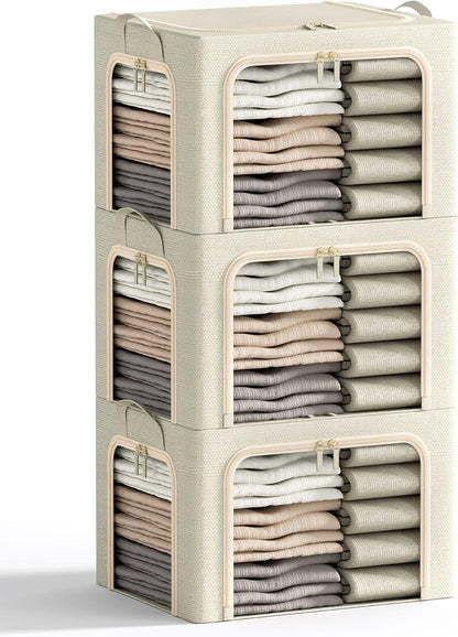 3 Openings Clothes Storage Bins with Metal Frame, Foldable Storage Bin for Clothes, Clothing Storage Bins with Lid, Linen Storage Box With Clear Window＆ Zippers＆ Durable Handles.(3 Pcs,Beige,40L)