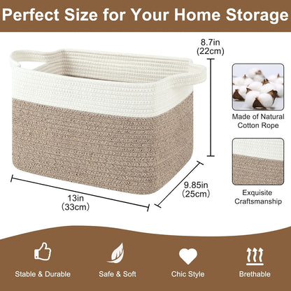 Storage Basket for Organizing, Woven Baskets for Storage, Rectangle Decorative Baskets for Shleves, Closet, Toys, Books, Nursery Organizer Bins - Pack of 3 (Brown & White, 13"x9.85"x8.7")