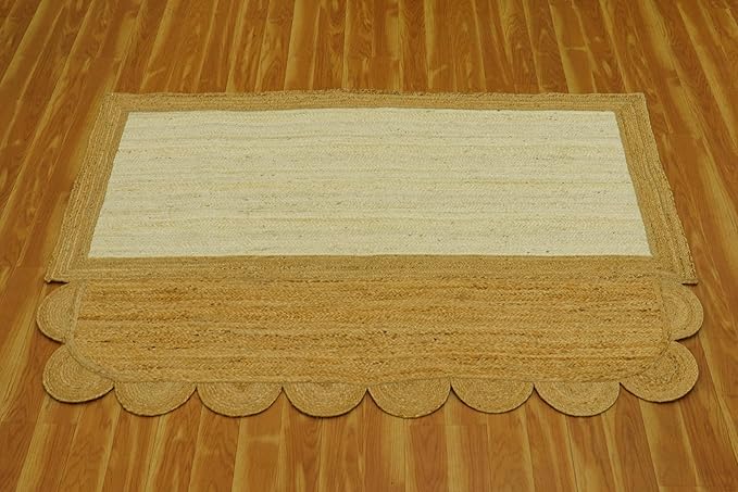 Scalloped Edge Rug, Hand Woven Natural Jute Area Rug, 4x7 Ft Beige & Brown Braided Sisal Kilim Rugs for Living Room, Kitchen, Entryway, Farmhouse