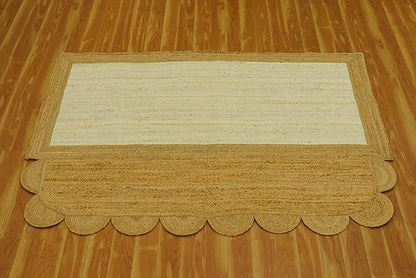 Scalloped Edge Rug, Hand Woven Natural Jute Area Rug, 4x7 Ft Beige & Brown Braided Sisal Kilim Rugs for Living Room, Kitchen, Entryway, Farmhouse